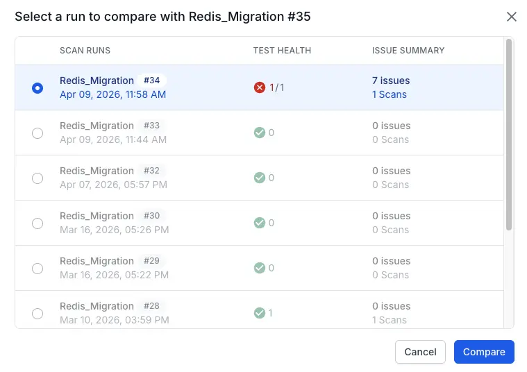 The Select a run to compare dialog with a list of previous build runs eligible for comparison.