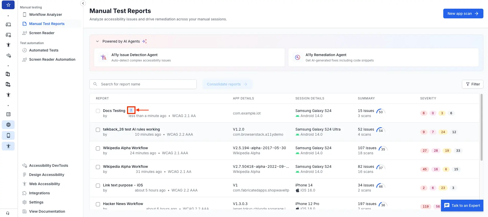 The consolidated report with a specific icon highlighted on the Manual Test Reports page.