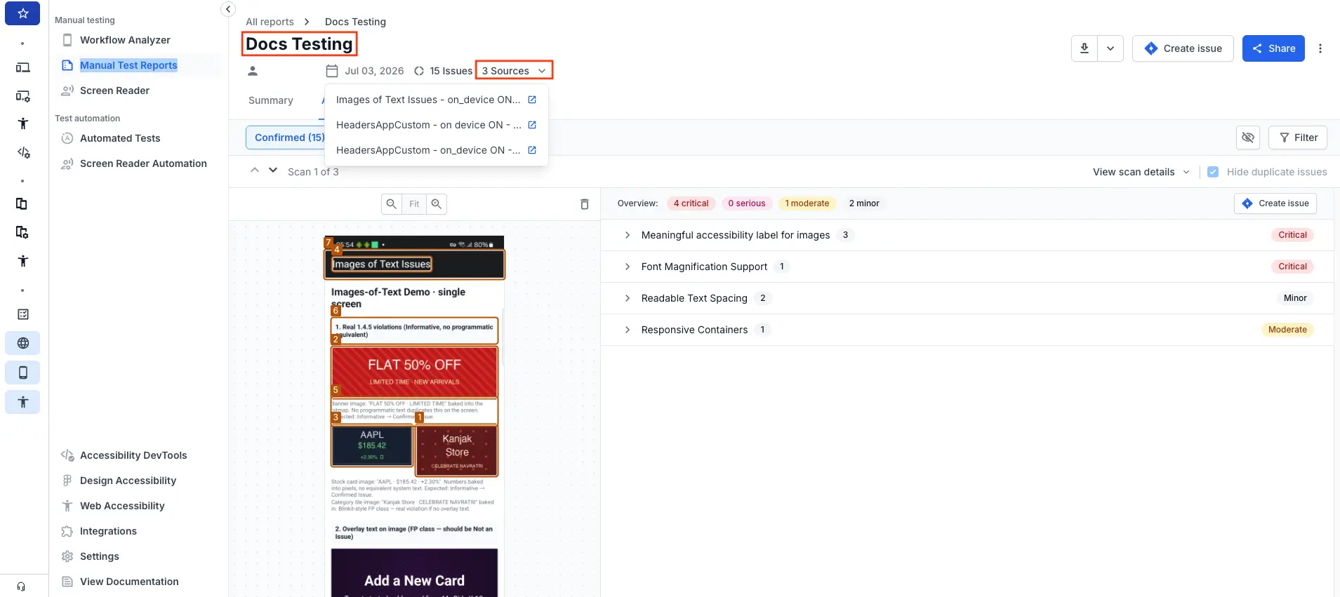 A test consolidated report with the test name and source reports highlighted.
