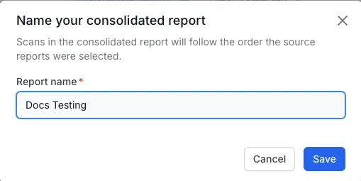 The Name your consolidated report prompt with a name entered and the Save button highlighted.