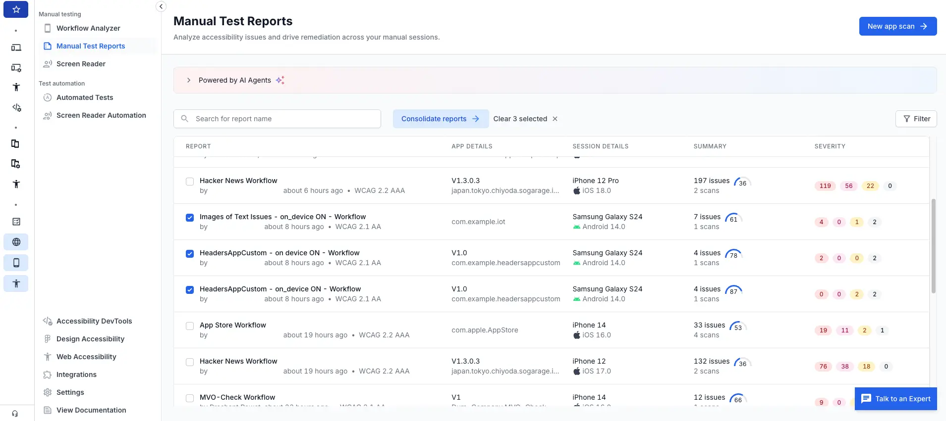 The Manual Test Reports list with checkboxes selected on three highlighted session reports and the consolidate action highlighted in the list header.