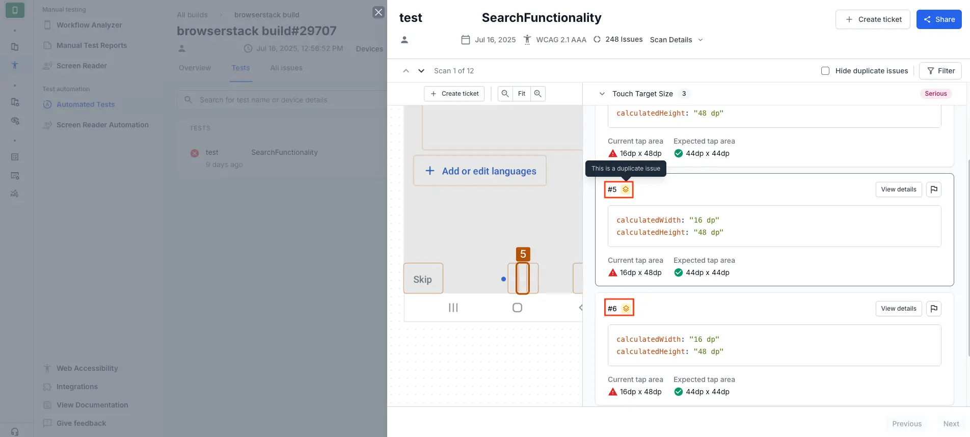 The Tests tab showing two issues marked by a deduplication icon. The icon is highlighted with a red box for documentation purposes.