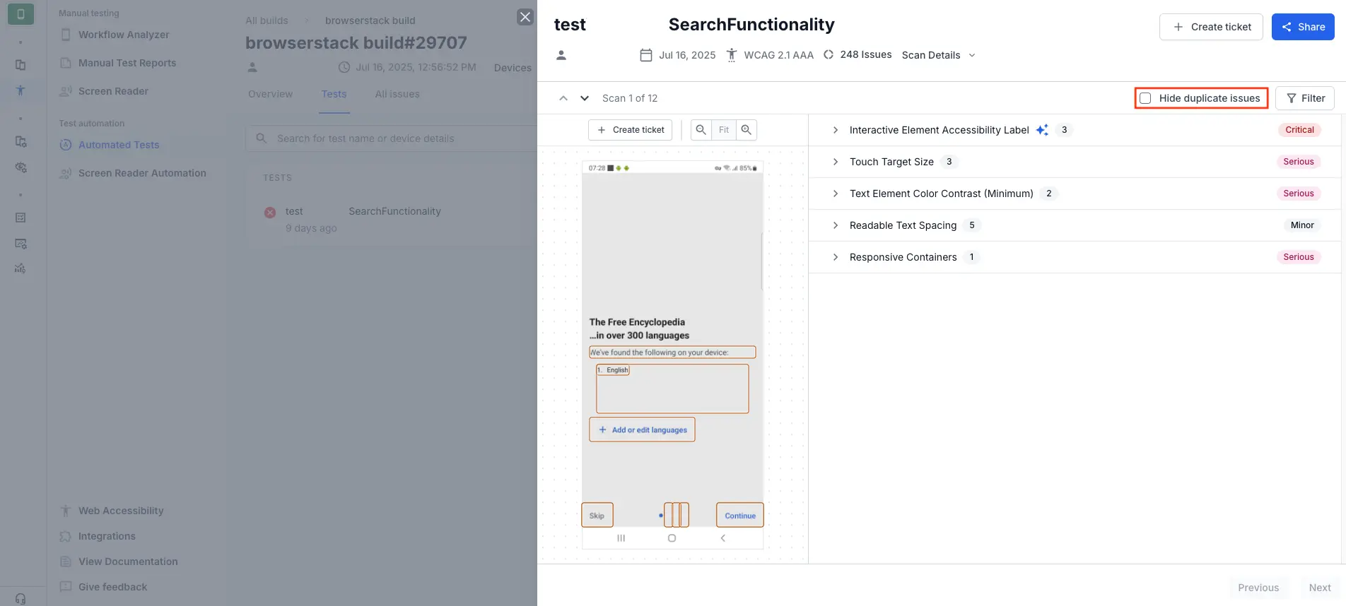 The Tests tab showing the Hide duplicate issues checkbox. The checkbox is highlighted with a red box for documentation purposes.