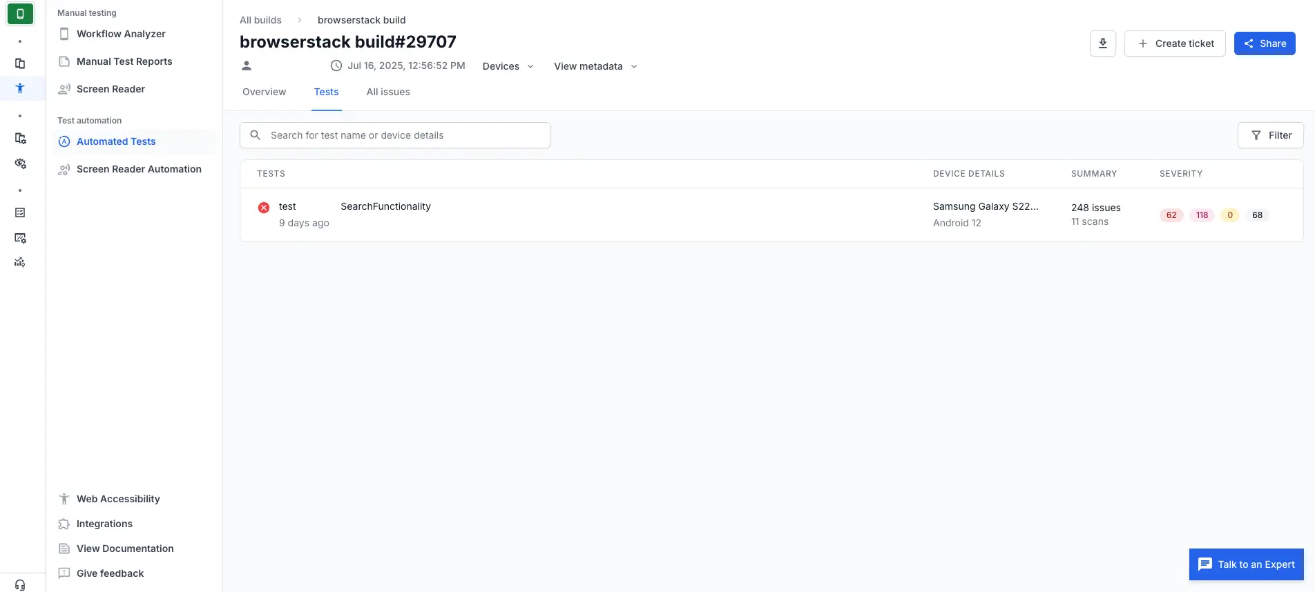 The Tests tab with the list of test cases.