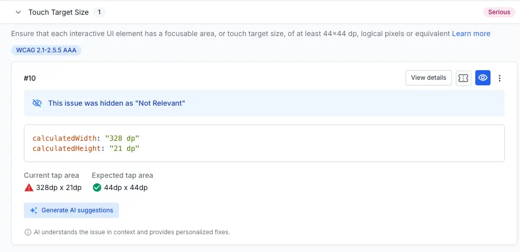 The Issue Details panel showing the reason for hiding the selected issue.