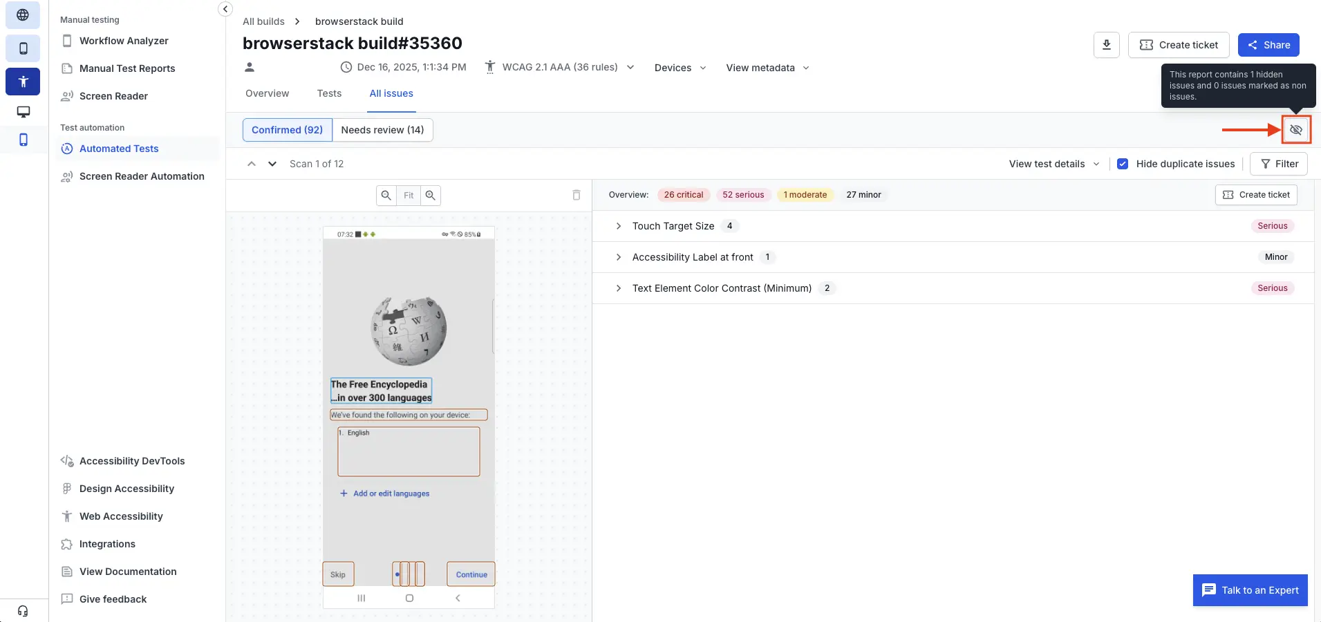 The All issues tab with the Hidden issues icon highlighted.