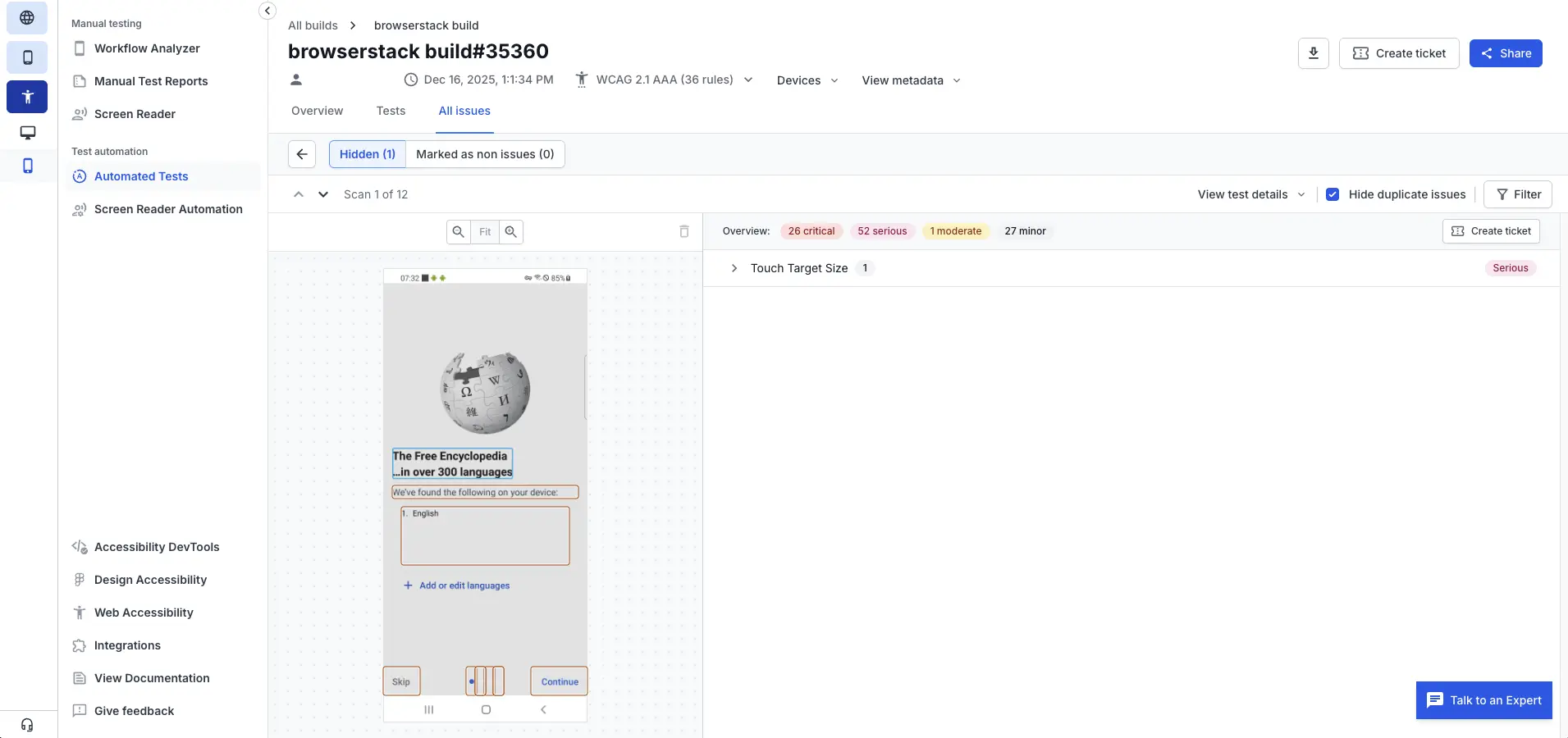 The Hidden issues tab showing a list of hidden issues.