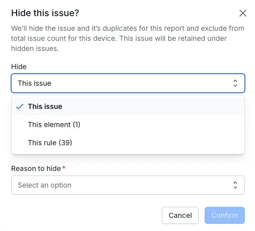 The Hide this issue dialog box with the Hide drop-down expanded.