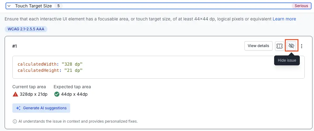 The issue details panel with the hide issue icon highlighted.