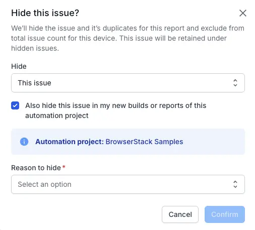 The Hide this issue dialog box with the persist choice checkbox highlighted.