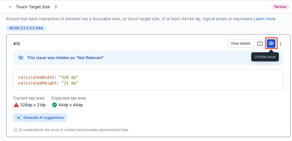 The Issue Details panel with the unhide issue icon highlighted.