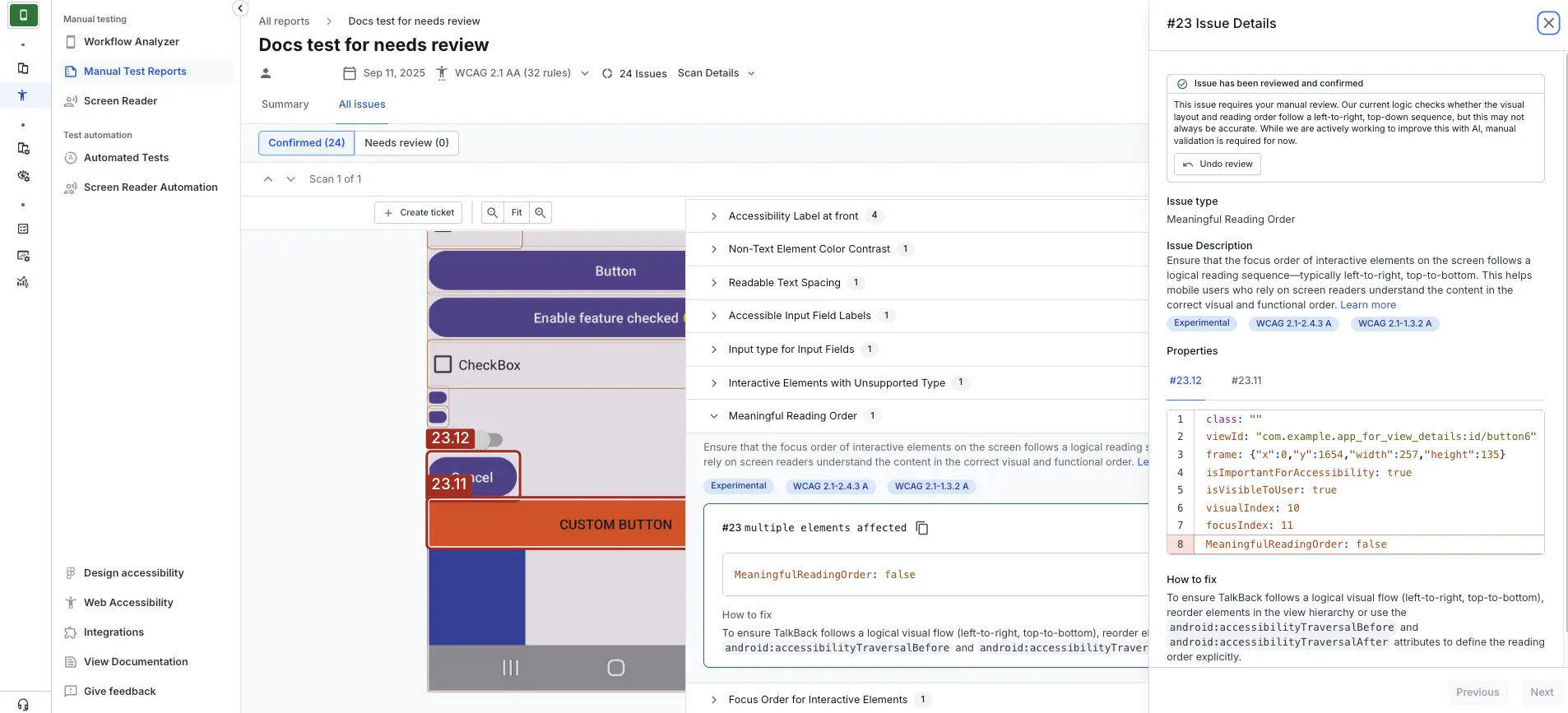The detailed view of an accessibility issue classified as confirmed.