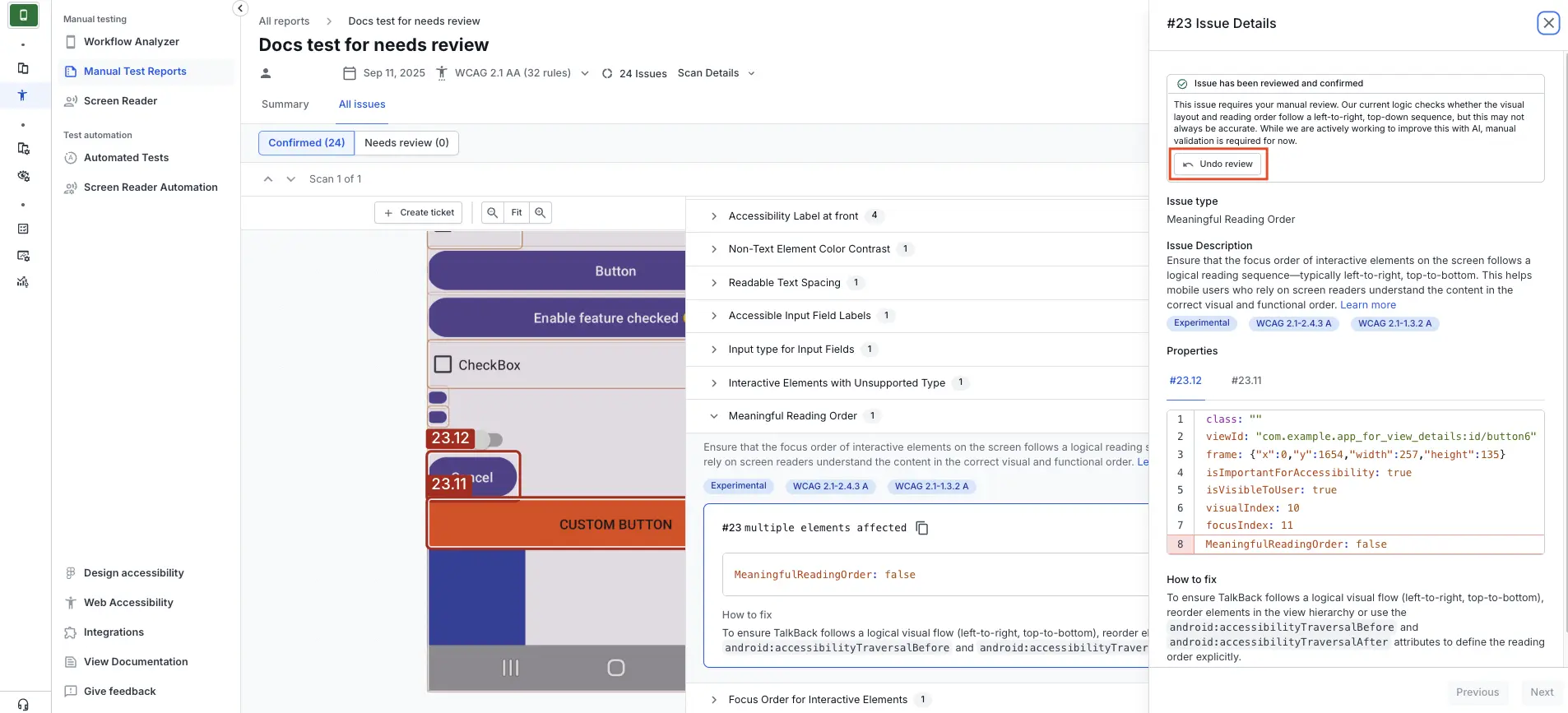 The Issue Details panel with the undo review button highlighted.