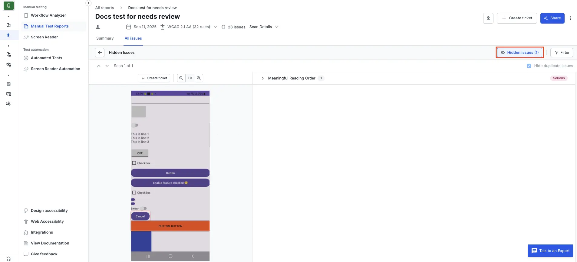 The All issues tab with the Hidden issues filter highlighted and applied, showing only issues that were previously rejected.