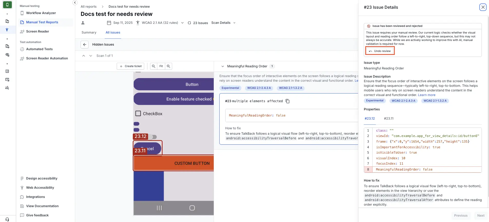 The Issue Details panel with the undo review button highlighted.
