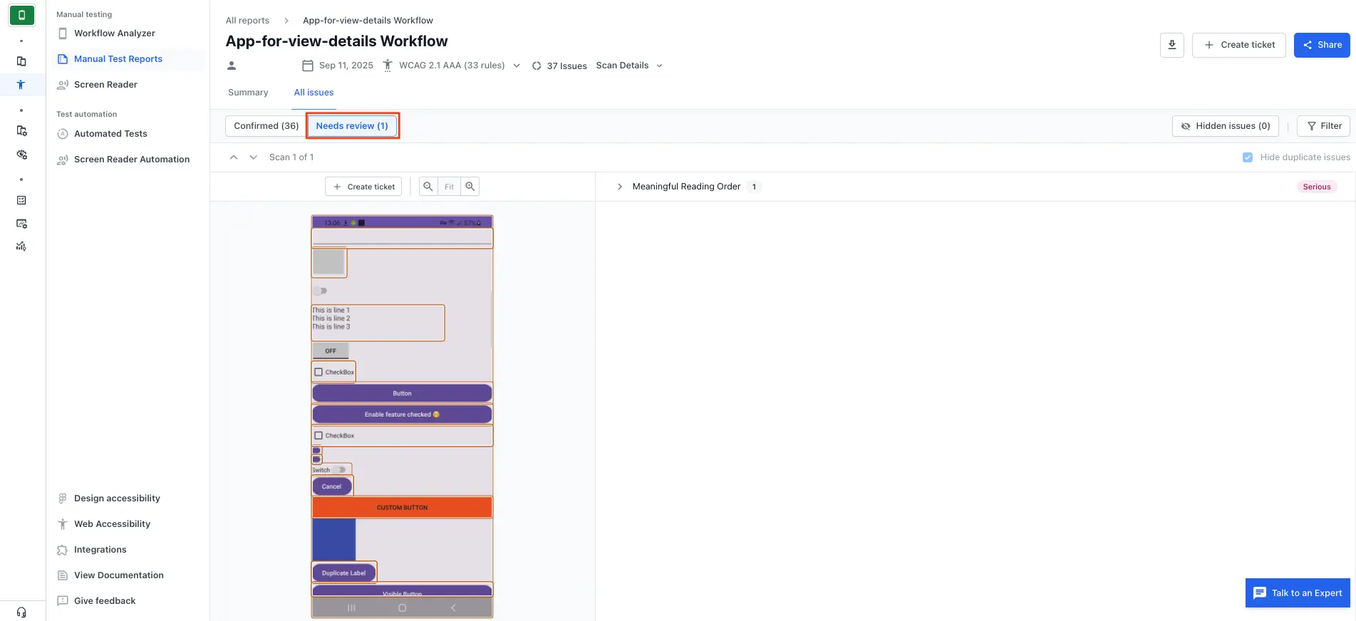 The All issues tab with the Needs review filter highlighted and applied, showing only issues that require manual review.