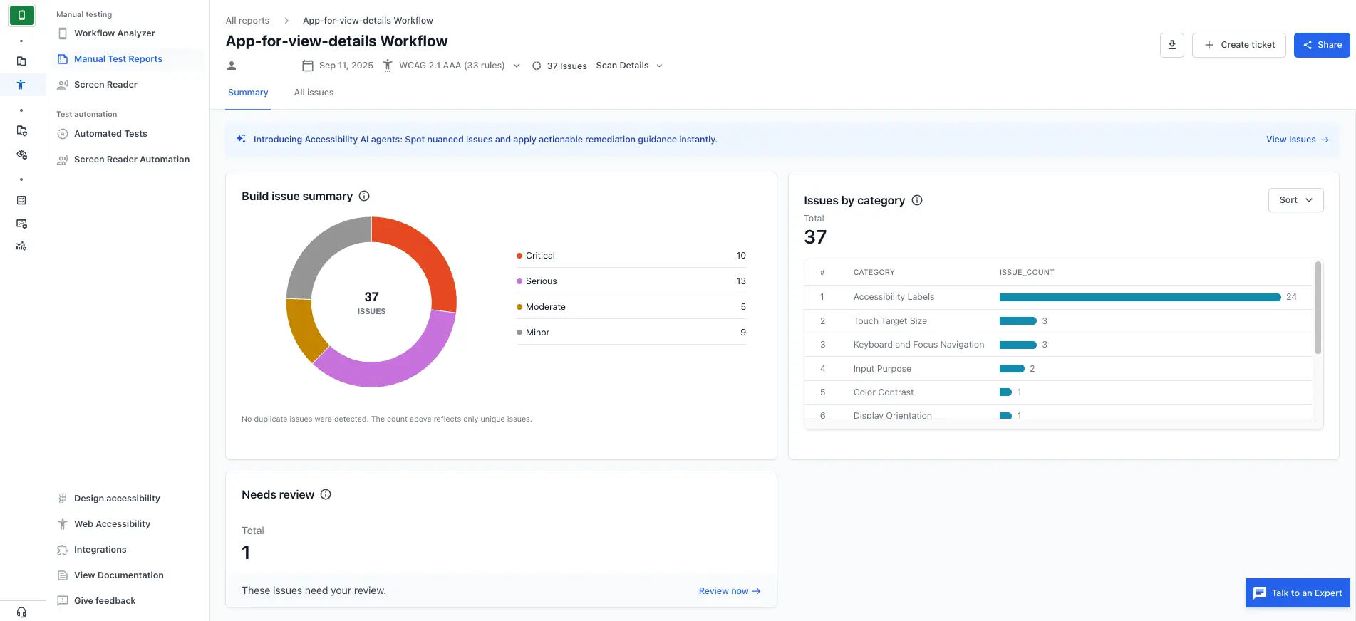 An App Accessibility Testing report showing a summary of issues
