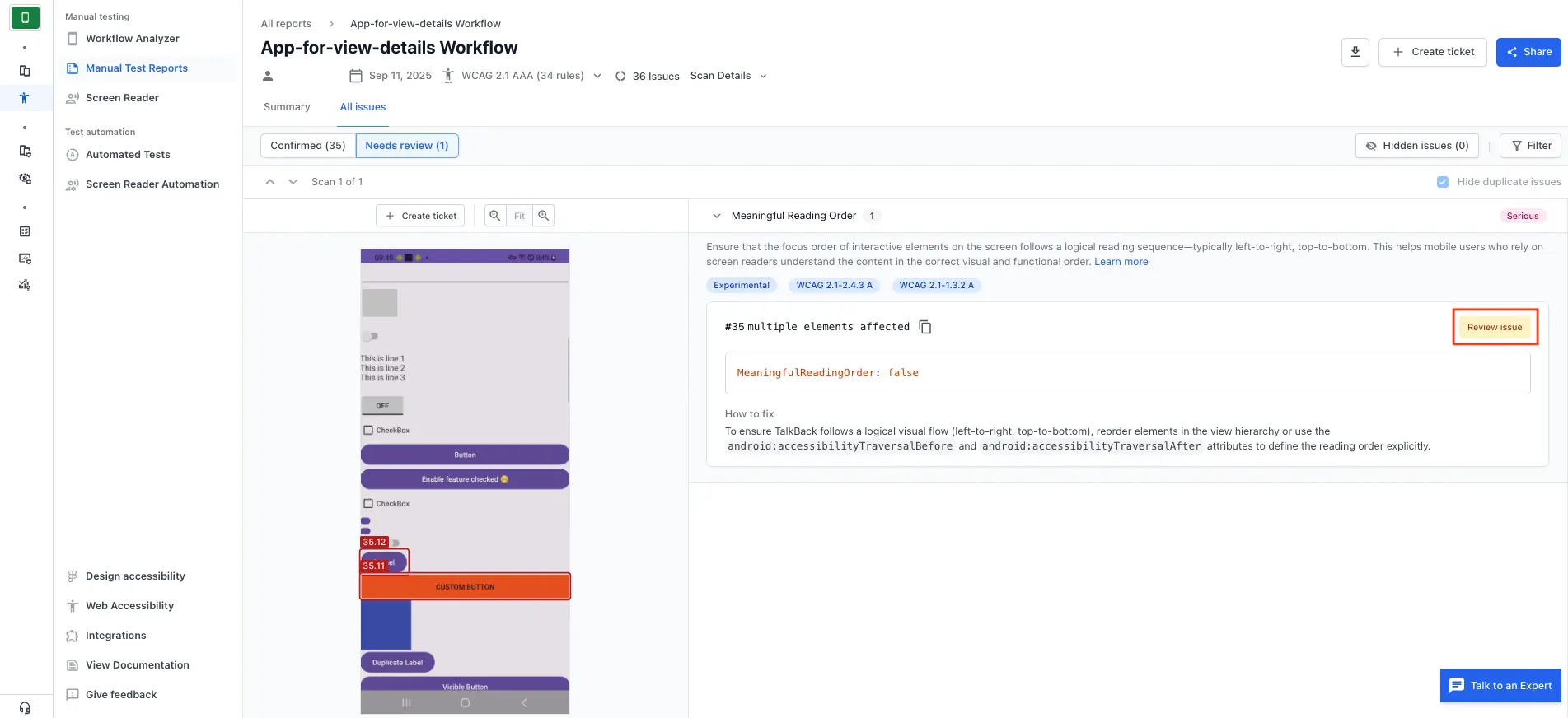 The detailed view of an accessibility issue with the Review issue button highlighted.