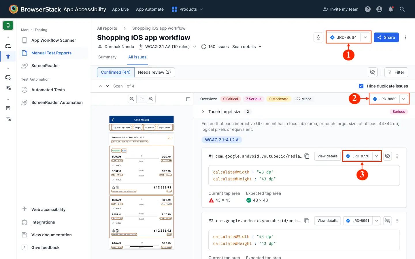 Screenshot showing where to find linked Jira tickets at the report, scan, and issue levels