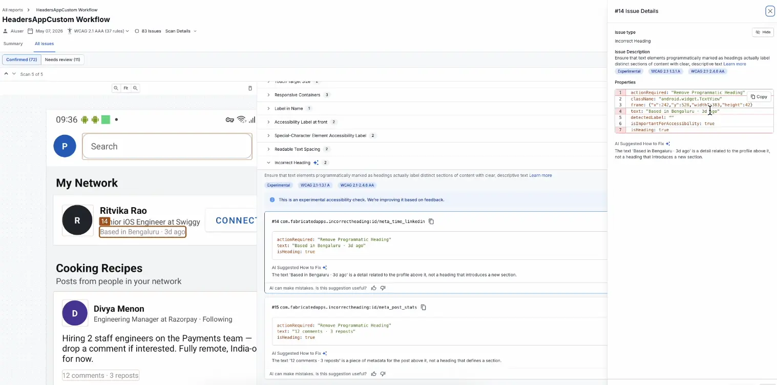 Incorrect heading violation showing a profile detail text element that is programmatically marked as a heading in a social networking app.