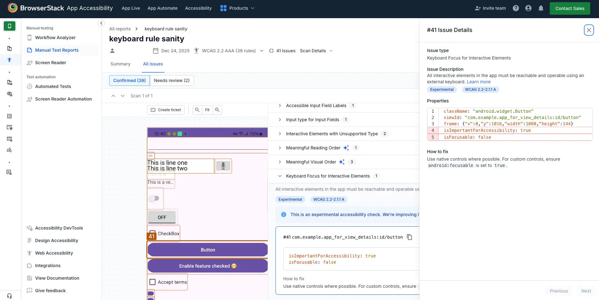 The App Accessibility issue details window with a keyboard focus for interactive elements violation.