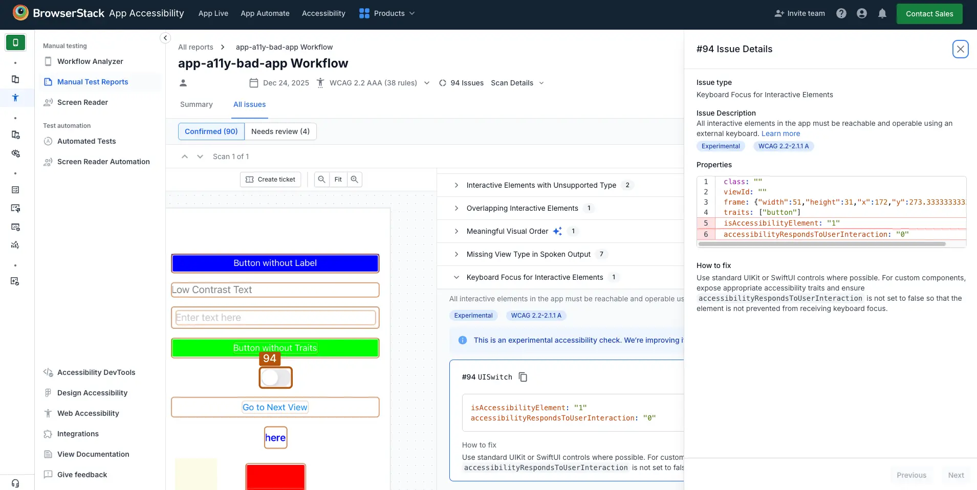 The App Accessibility issue details window with a keyboard focus for interactive elements violation.