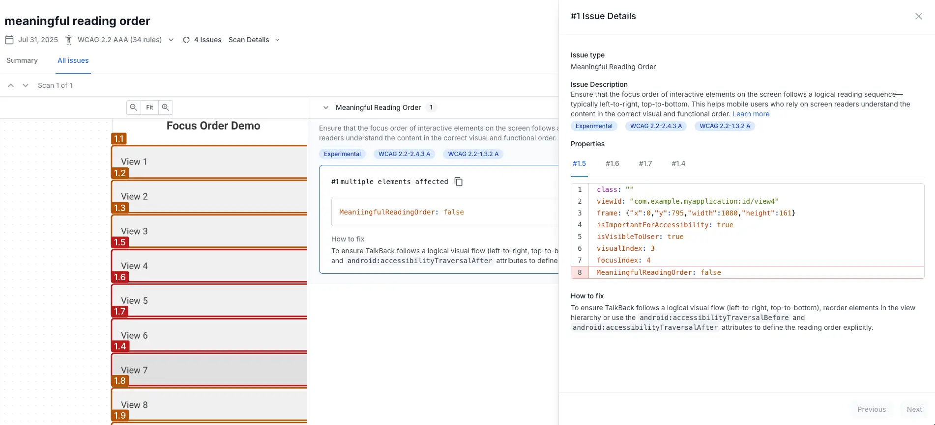The App Accessibility issue details window with a meaningful reading order violation.