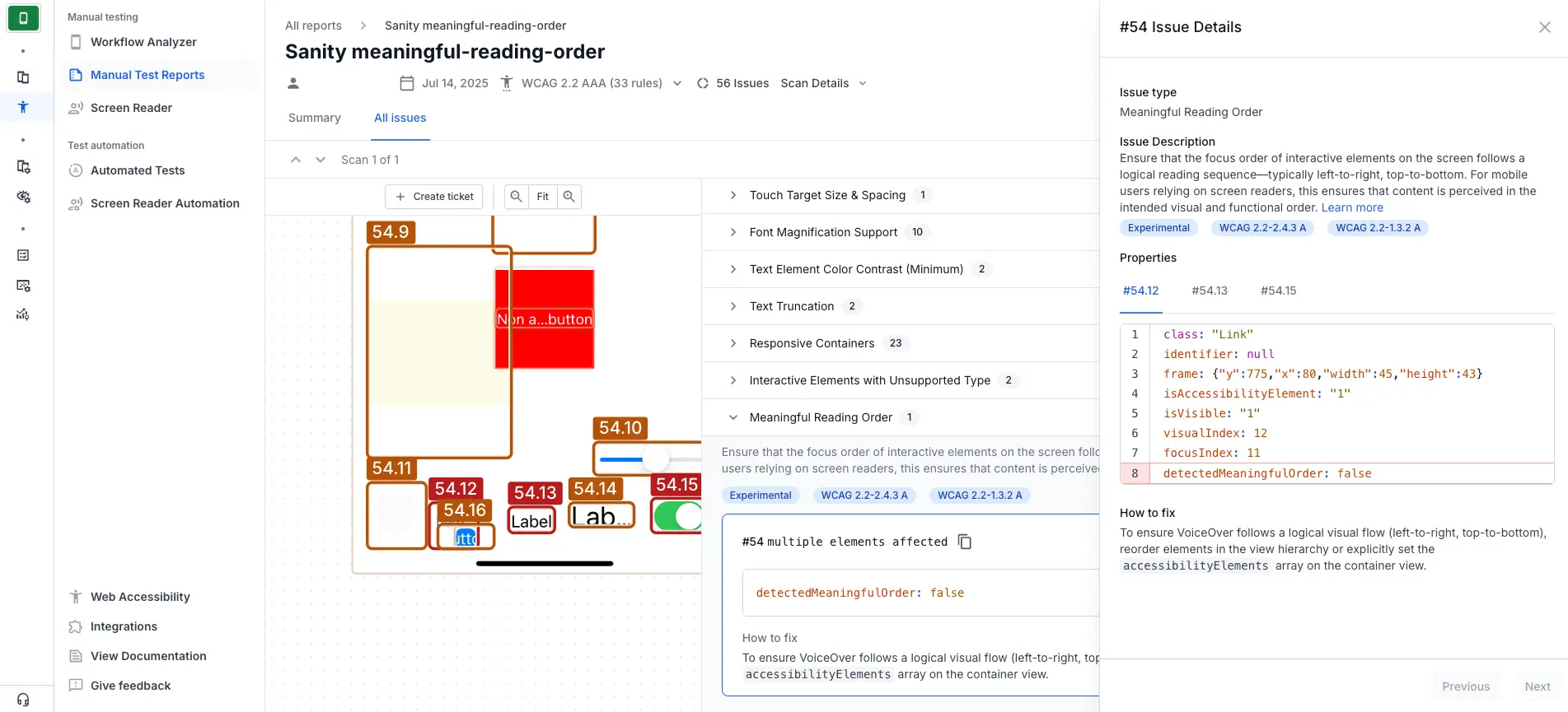 The App Accessibility issue details window with a meaningful reading order violation.