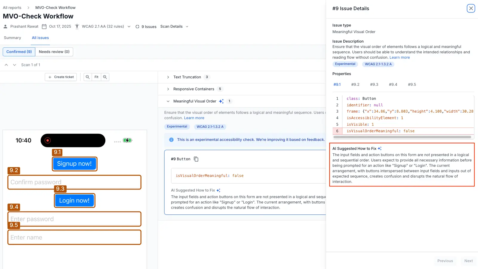 The AI-powered suggested fix in the issue details window for a meaningful visual order violation on an iOS device.