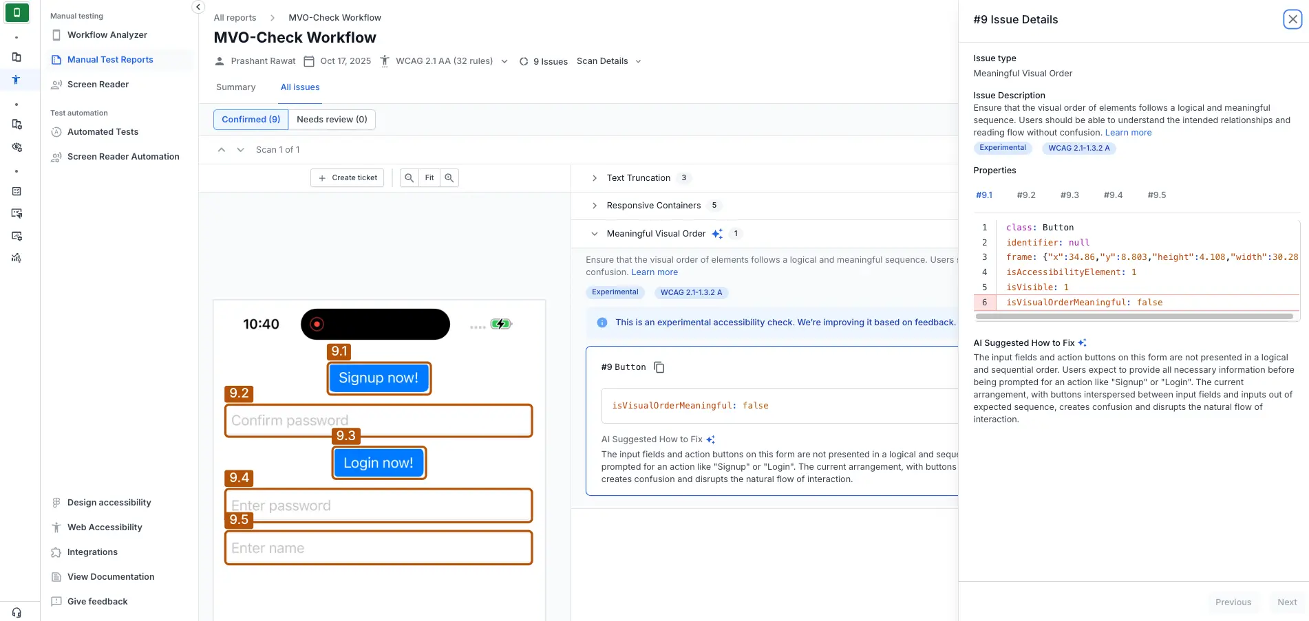 The App Accessibility issue details window with a meaningful visual order violation.