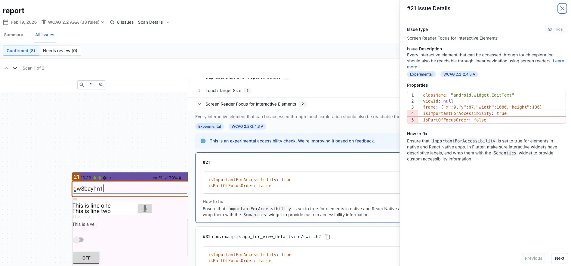 The App Accessibility Testing issue details window with a screen reader focus for interactive elements violation.