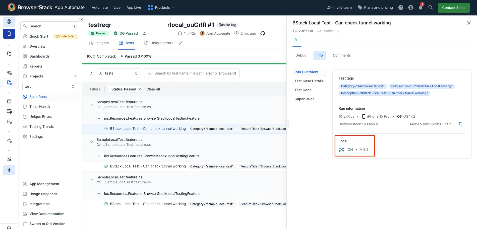Screenshot showing the Local Testing green indicator on the BrowserStack App Automate dashboard for an Espresso test session