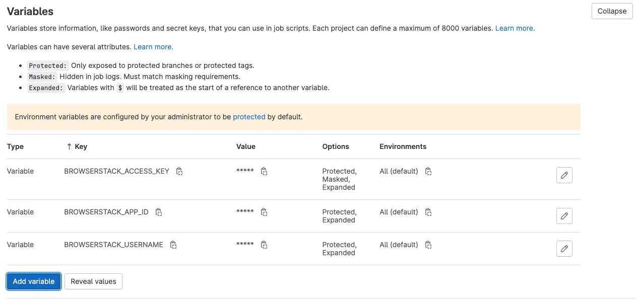 Set variables in GitLab CI/CD settings