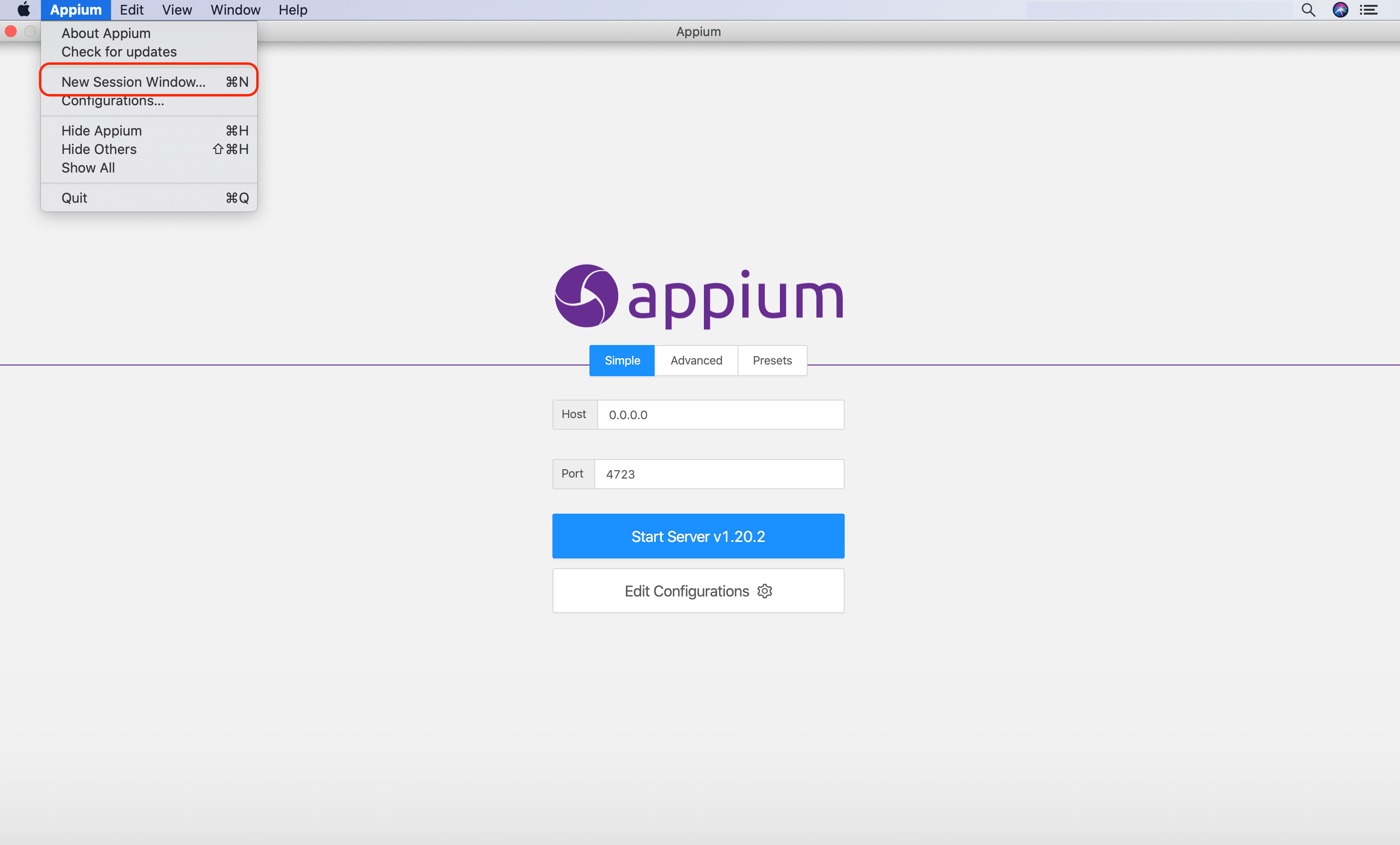 Start new session window from Appium