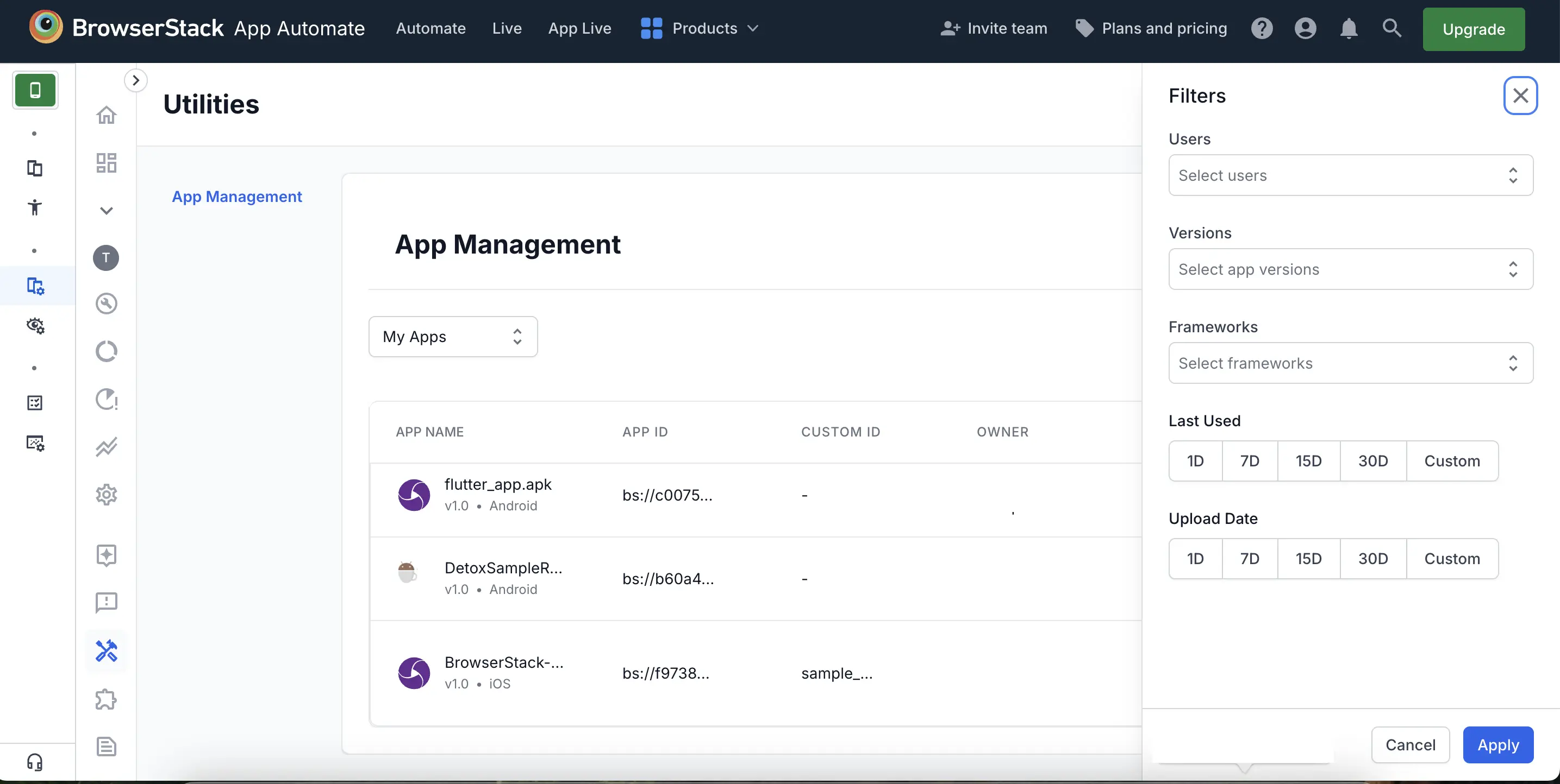 advanced filter on App Management UI