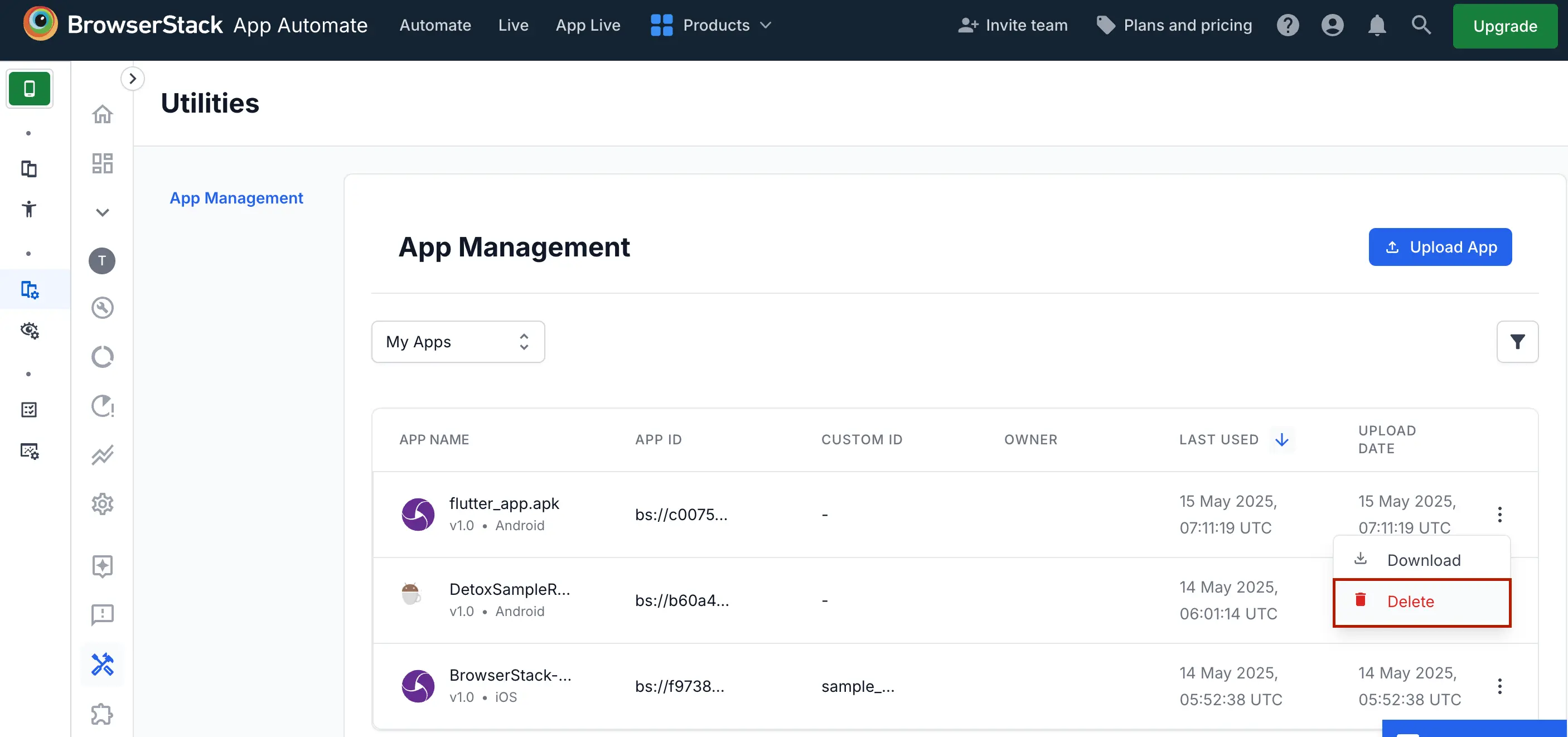 Delete apps using App Management UI