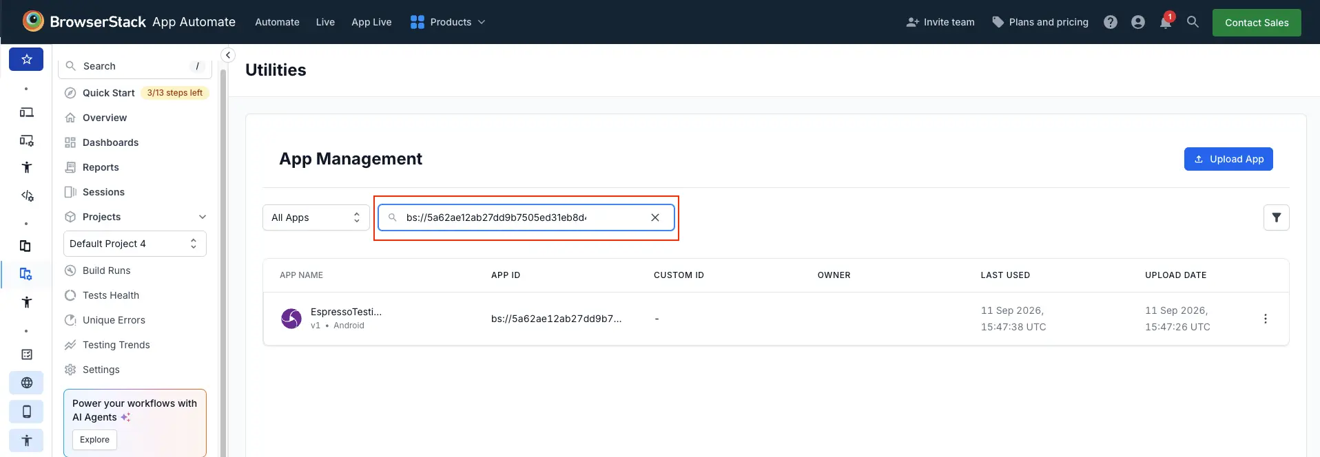 search for app details using search bar on App Management UI