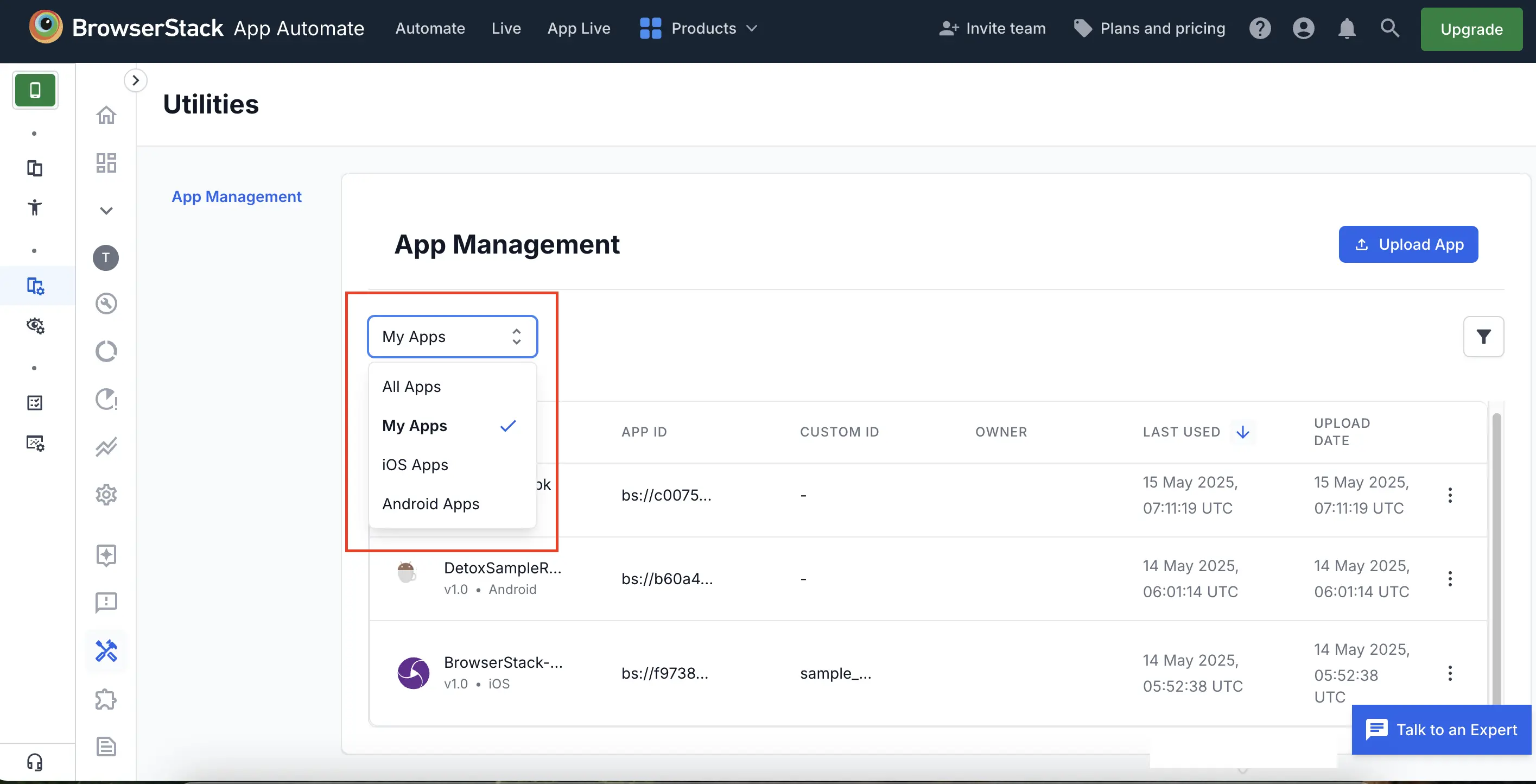 primary filter on App Management UI