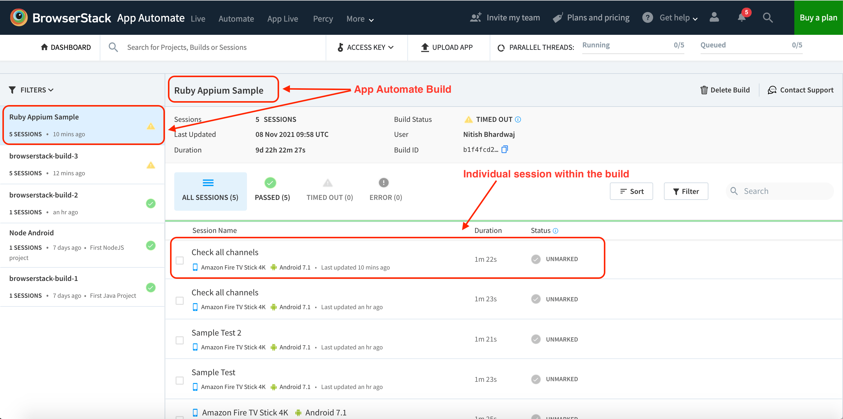 App Automate build listing on browserstack dashboard