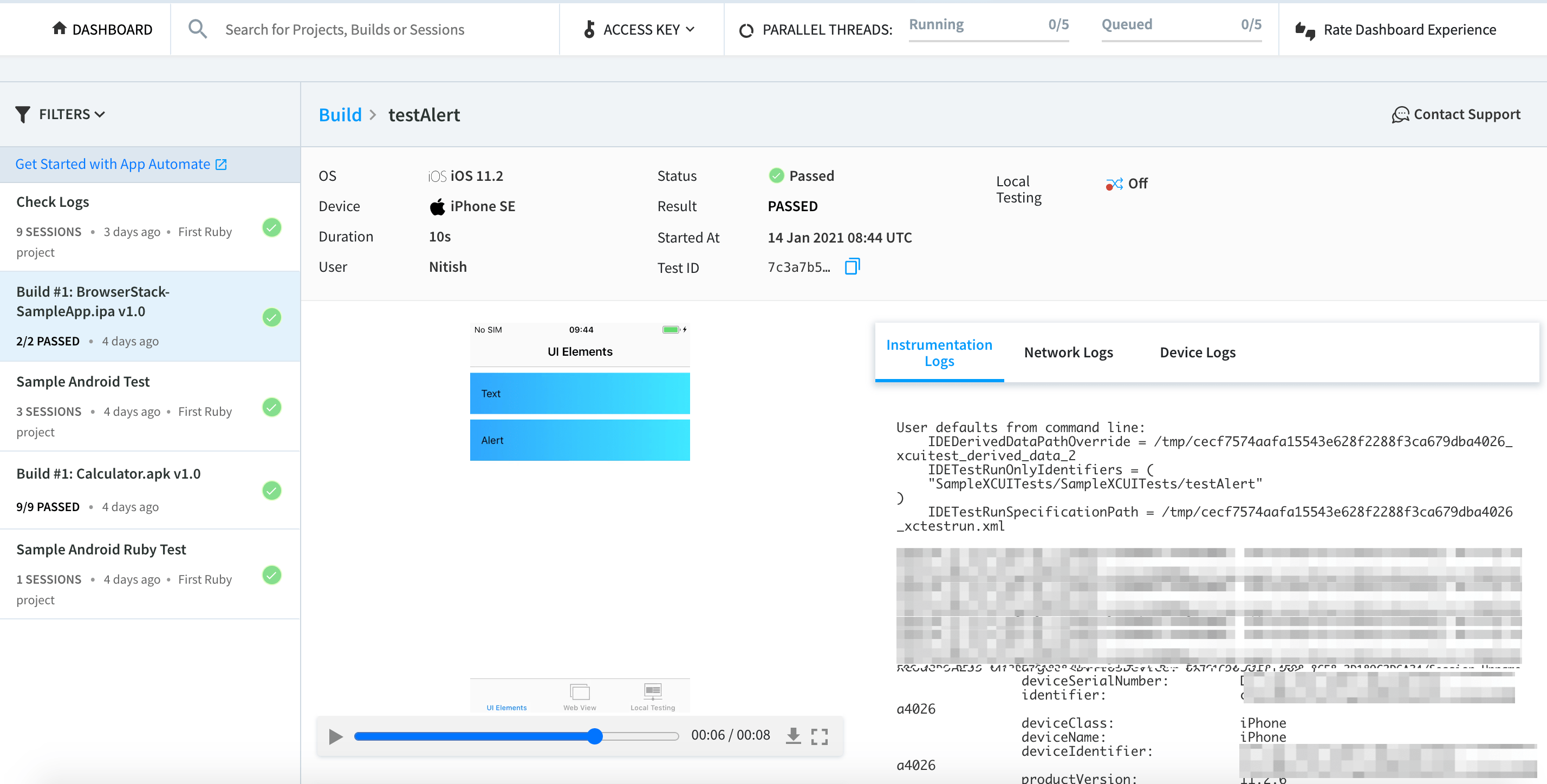 XCUI test video recording playback on App Automate dashboard