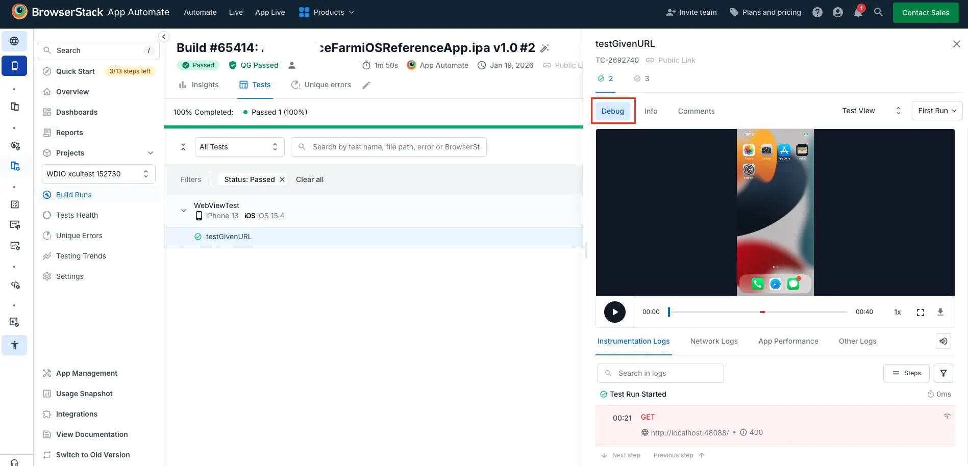 Screenshot showing the visual logs section in the App Automate dashboard displaying captured screenshots from XCUITest execution