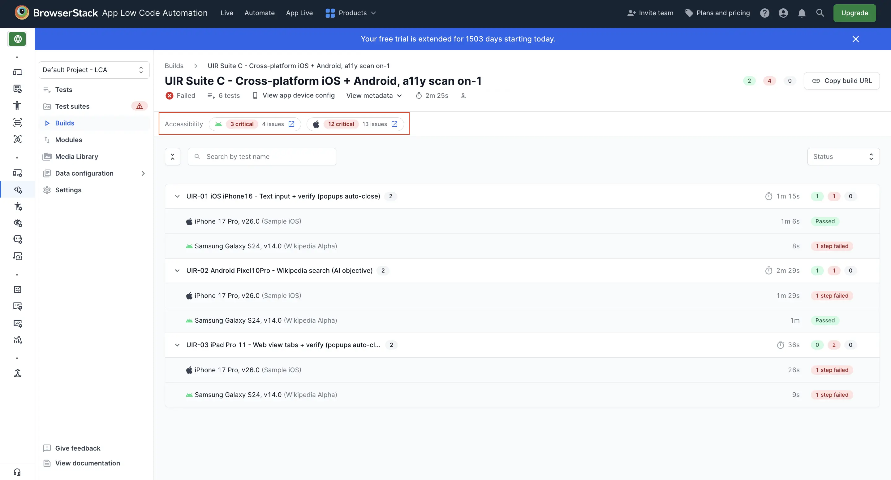 Build report with the Accessibility section showing critical and total issue counts for Android and iOS, each with a link to its report