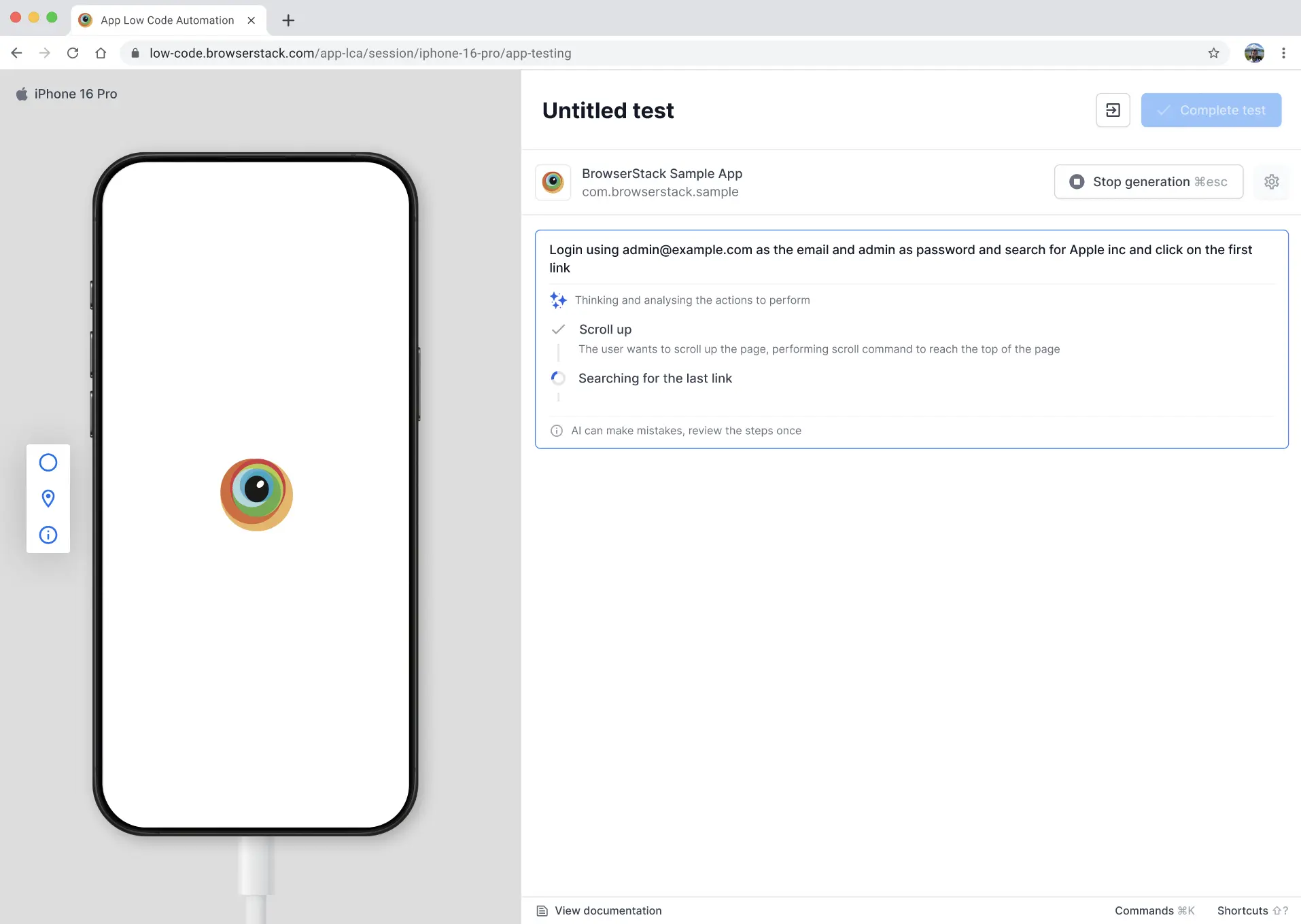 AI generation panel displaying the thought process with status messages: Thinking and analyzing the actions to perform, Scrolling up the page, and Searching for the last link