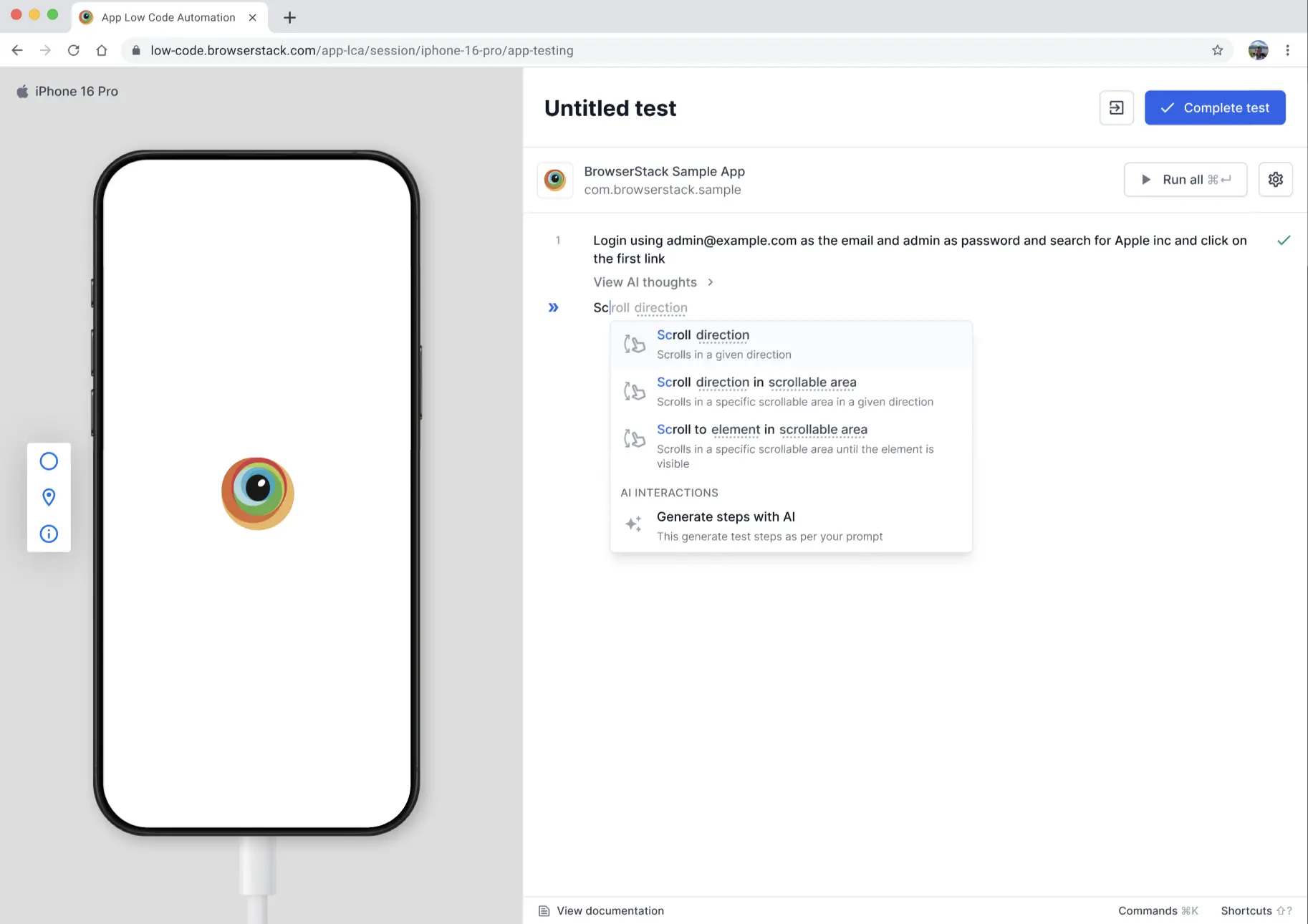 Dropdown menu showing Generate steps with AI option in the App Low Code Automation test editor interface