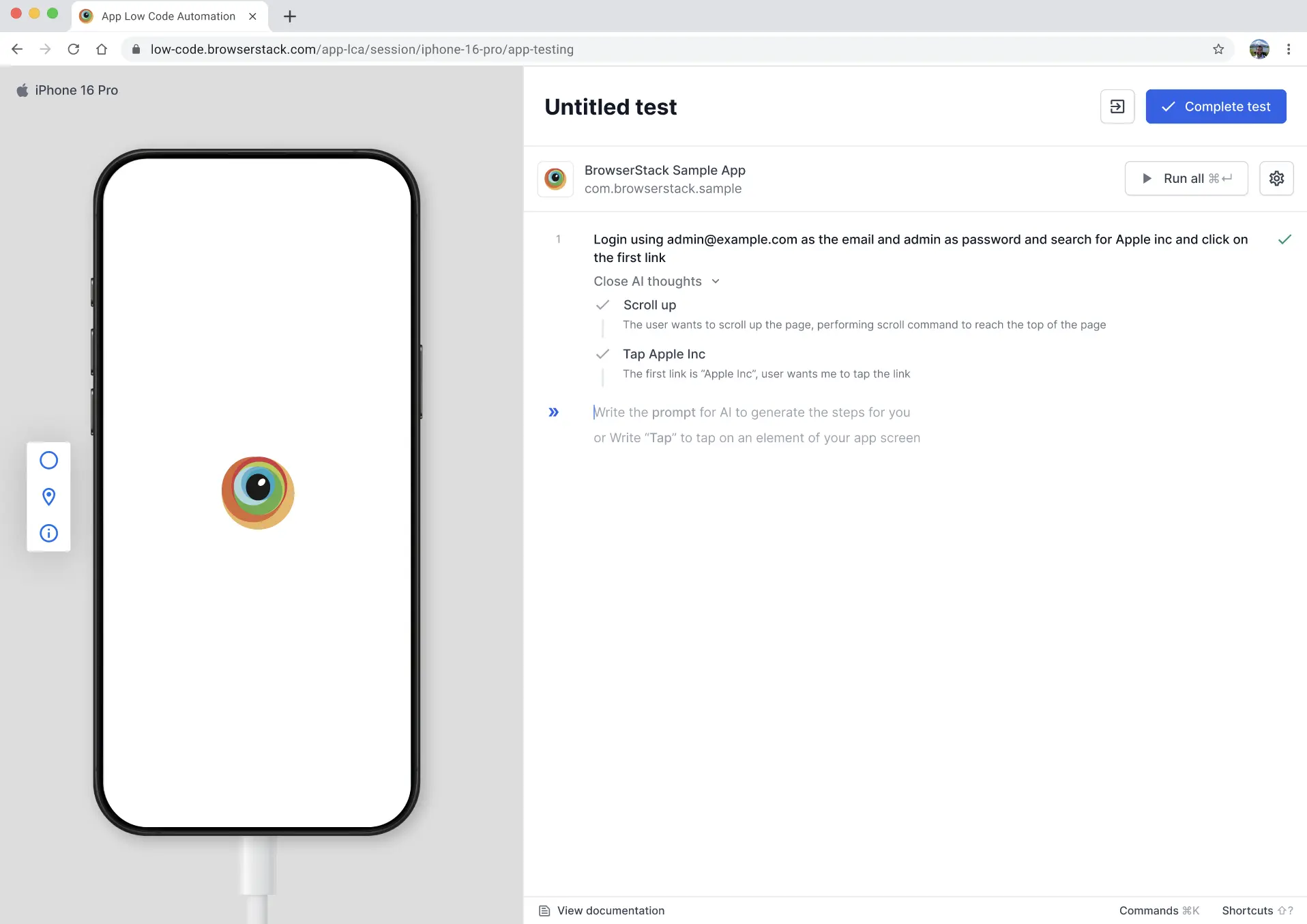 Test steps panel showing AI-generated commands including Launch app, tap on Email address field, enter admin@example.com, tap on Password field, enter admin, tap Login, tap Search, enter Apple Inc, and tap first search result