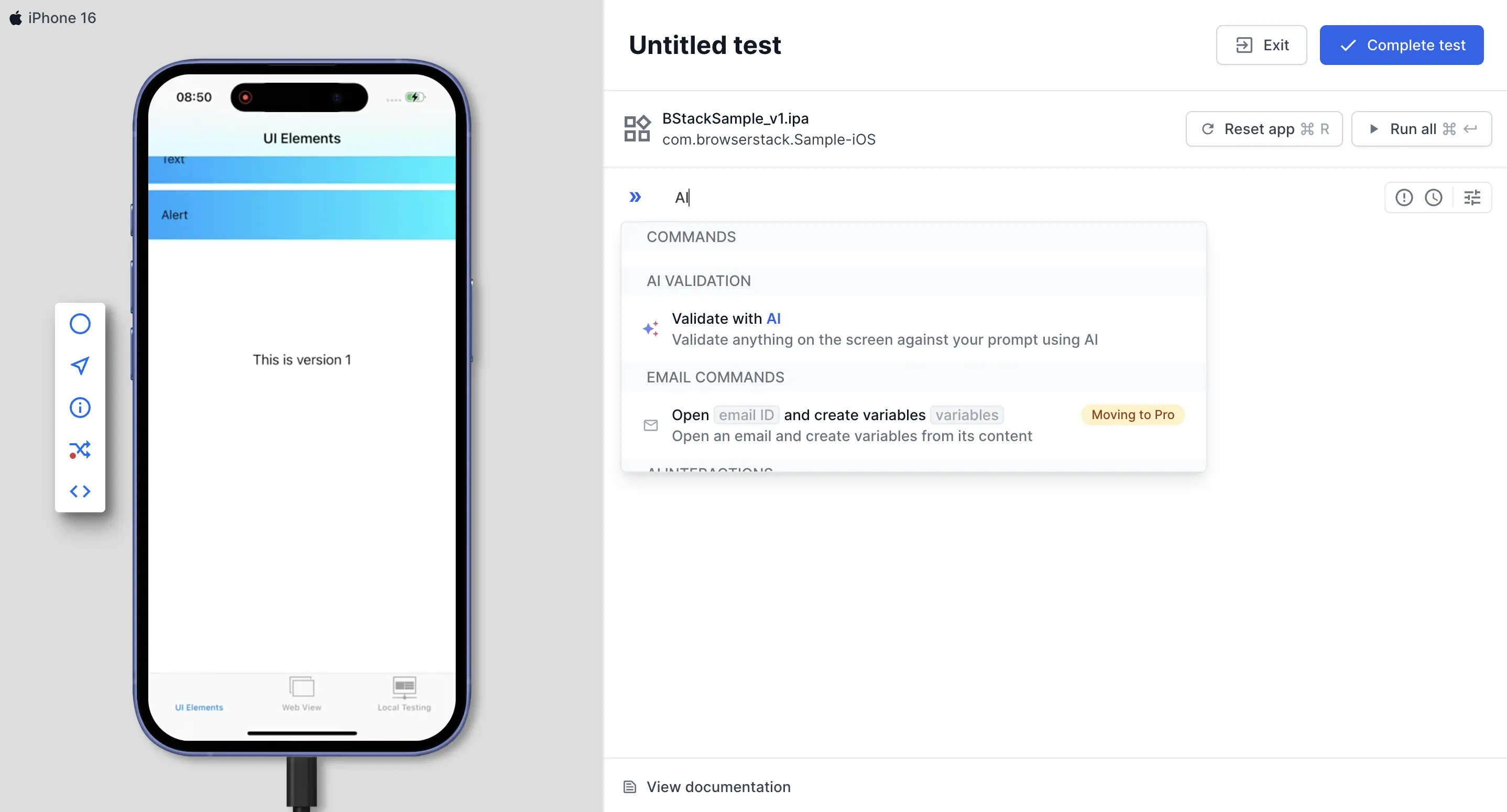 The test editor command menu with Validate with AI listed under the AI validation group