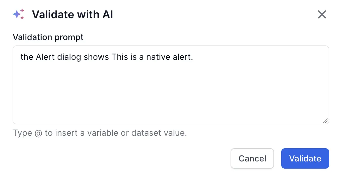 The Validate with AI dialog with a prompt in the Validation prompt field