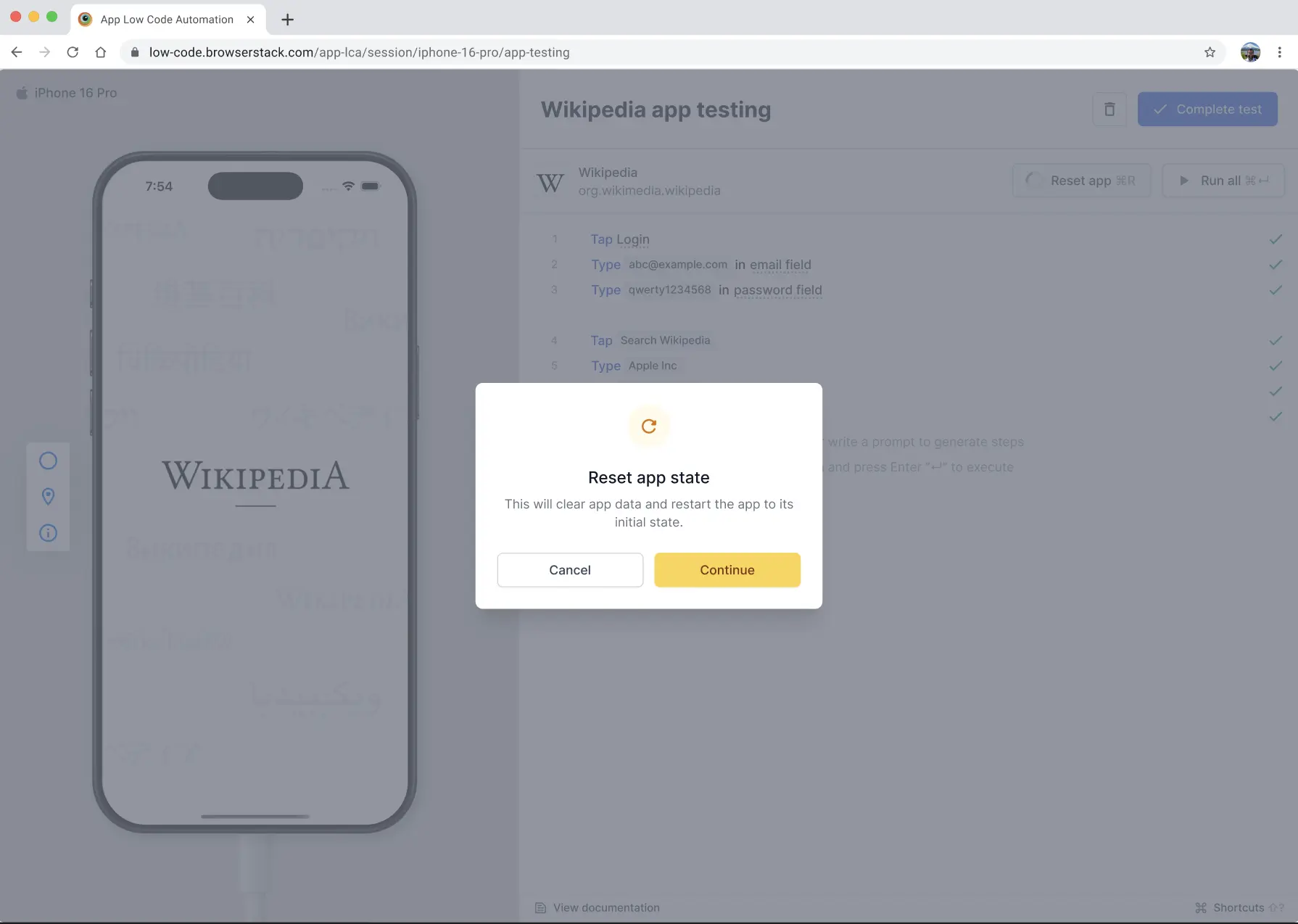 Reset app state confirmation dialog with Cancel and Continue options