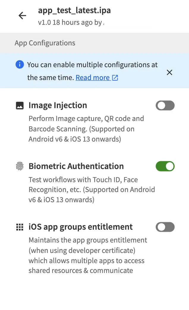 App Configurations panel showing the Biometric Authentication toggle turned on