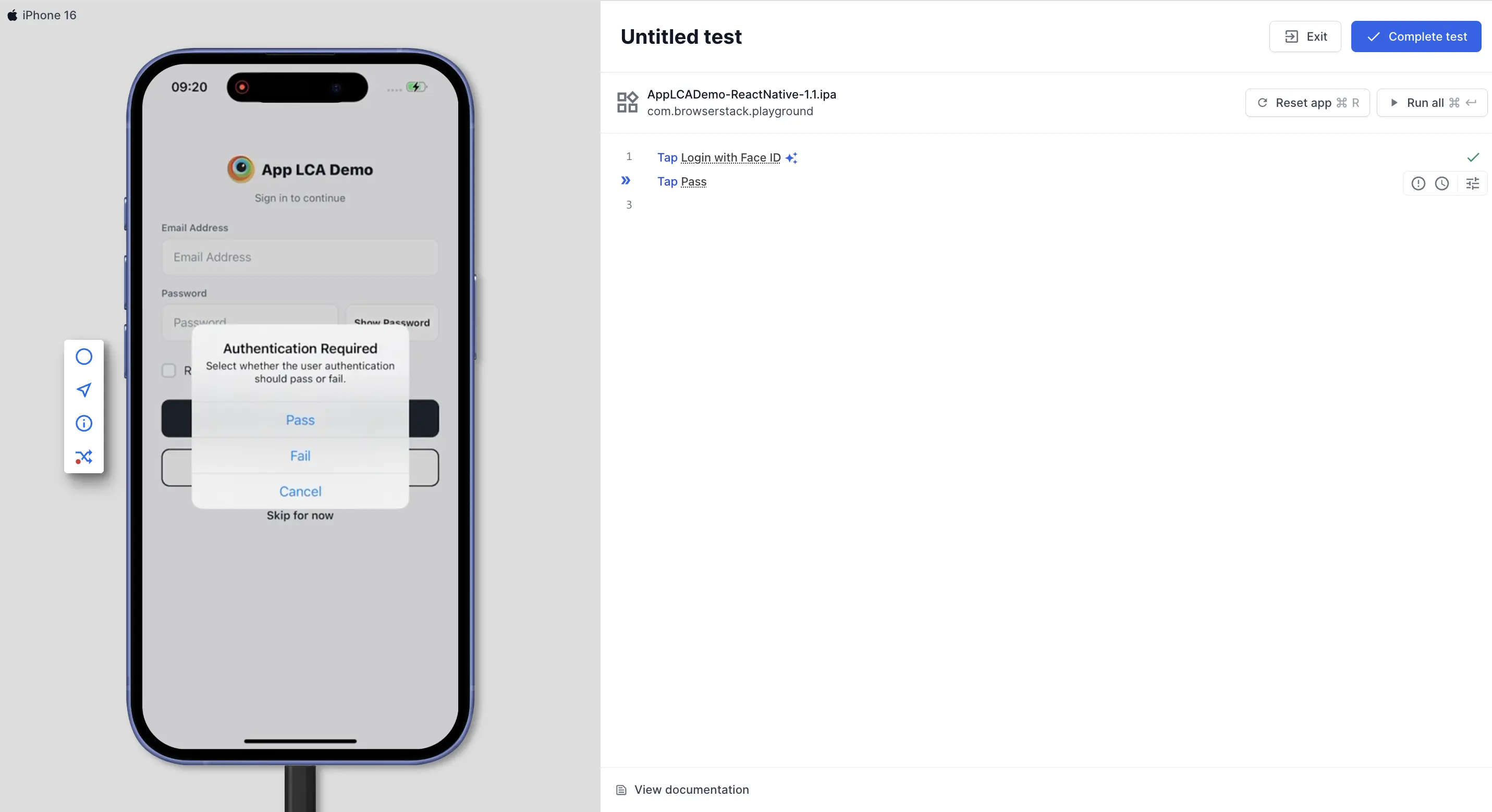 Authentication Required prompt with the Pass, Fail, and Cancel options, and the Tap Pass step added to the test